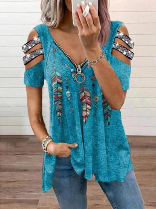 V Neck Zipper Pullover Positioning Print Short Sleeve Loose T-Shirt Women Tops - 808Lush