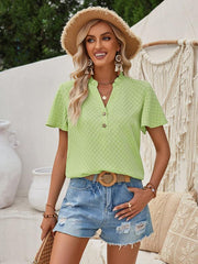 V-neck button-embellished slim-fit short-sleeved top - 808Lush