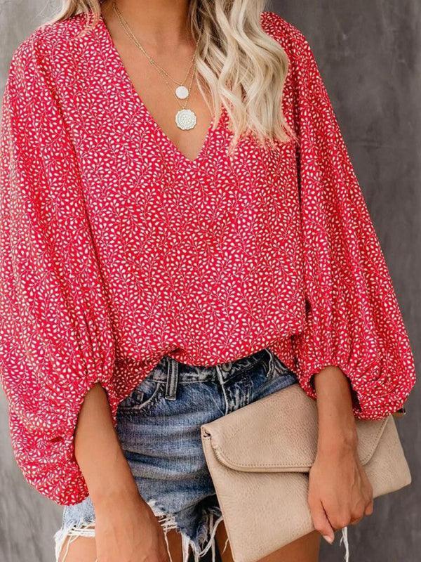 V-neck casual shirt printed lantern sleeve top women's clothing - 808Lush