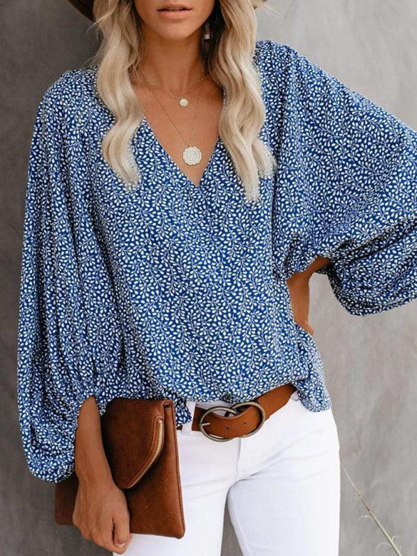 V-neck casual shirt printed lantern sleeve top women's clothing - 808Lush