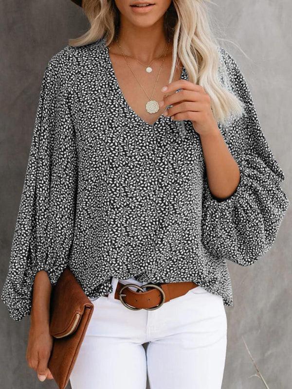 V-neck casual shirt printed lantern sleeve top women's clothing - 808Lush