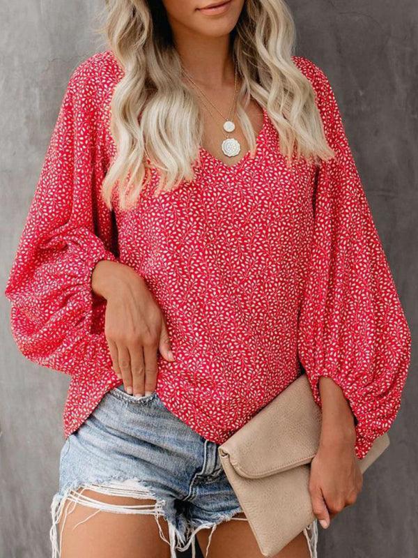 V-neck casual shirt printed lantern sleeve top women's clothing - 808Lush