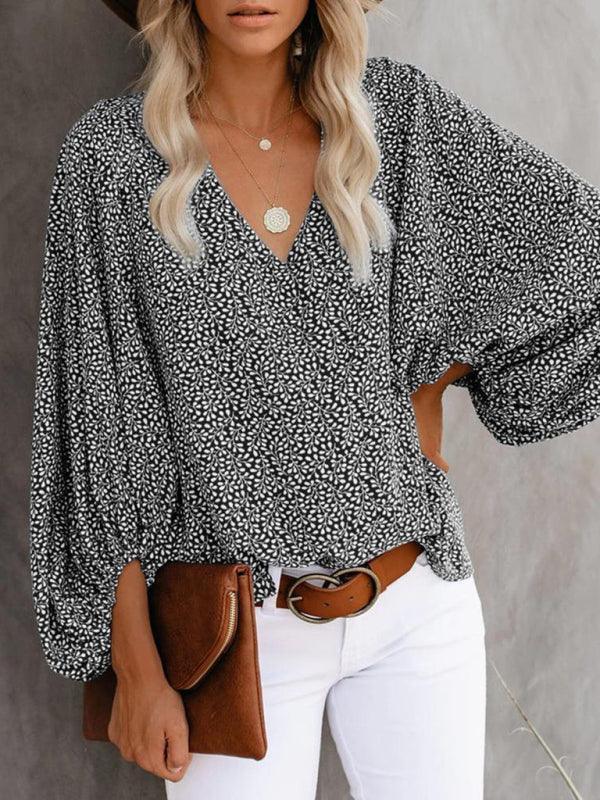 V-neck casual shirt printed lantern sleeve top women's clothing - 808Lush