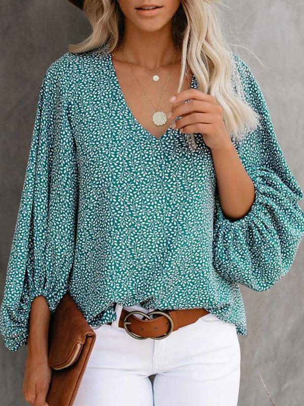 V-neck casual shirt printed lantern sleeve top women's clothing - 808Lush