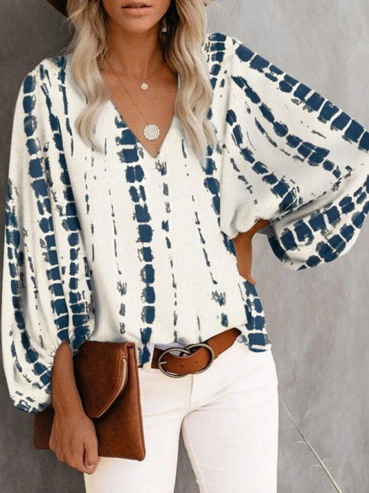 V-neck casual shirt printed lantern sleeve top women's clothing - 808Lush