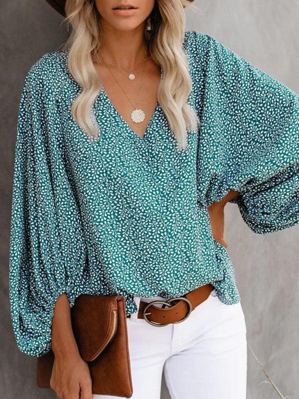 V-neck casual shirt printed lantern sleeve top women's clothing - 808Lush