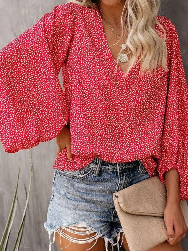 V-neck casual shirt printed lantern sleeve top women's clothing - 808Lush