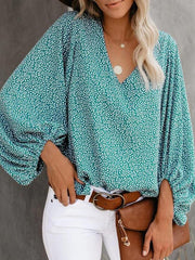 V-neck casual shirt printed lantern sleeve top women's clothing - 808Lush