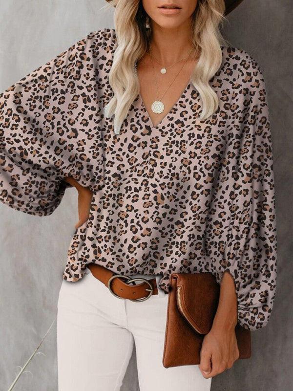 V-neck casual shirt printed lantern sleeve top women's clothing - 808Lush