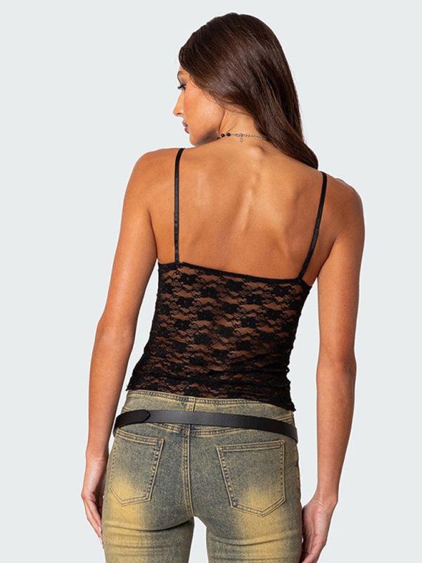 V-neck halter chest bow vest slim see-through sexy backless top - 808Lush