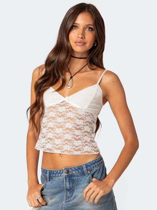 V-neck halter chest bow vest slim see-through sexy backless top - 808Lush