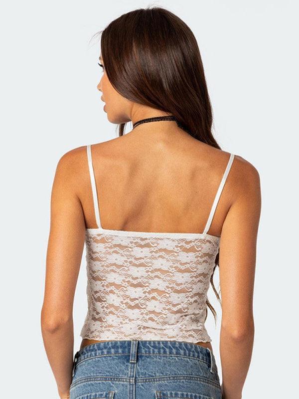 V-neck halter chest bow vest slim see-through sexy backless top - 808Lush