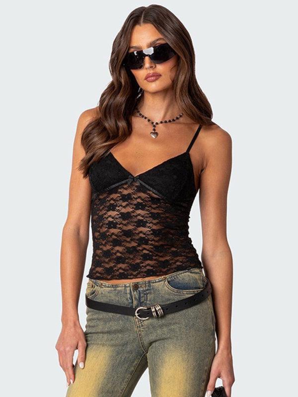 V-neck halter chest bow vest slim see-through sexy backless top - 808Lush