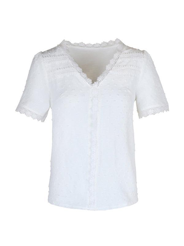 V-neck neckline lace panel elegant blouse - 808Lush