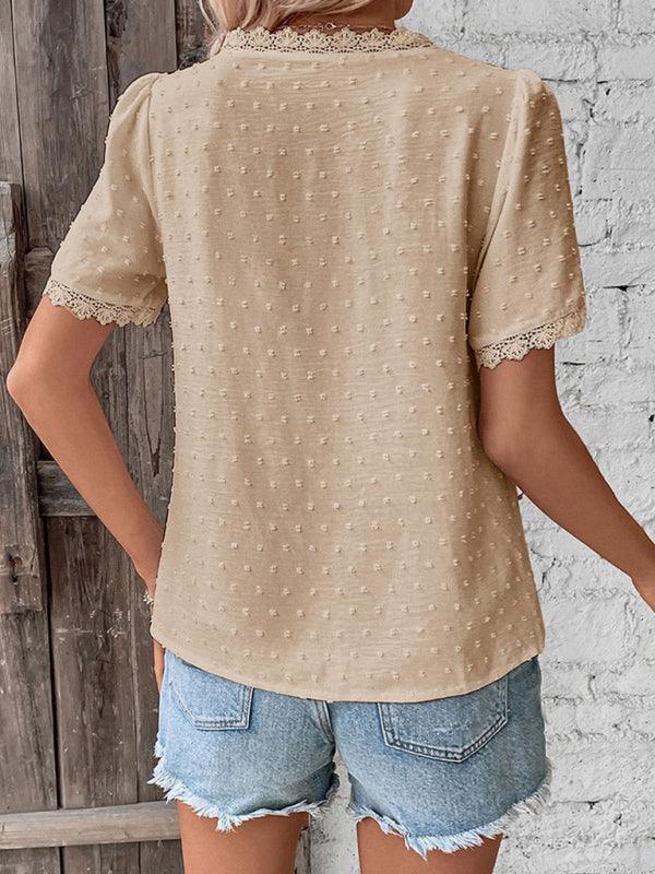 V-neck neckline lace panel elegant blouse - 808Lush