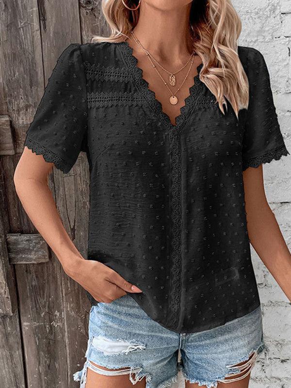 V-neck neckline lace panel elegant blouse - 808Lush