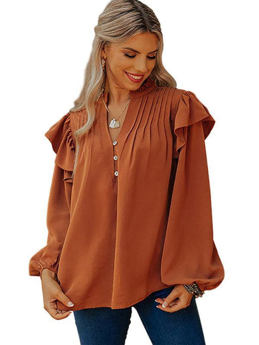 V-neck pullover lantern sleeves loose and fashionable ruffled button top - 808Lush