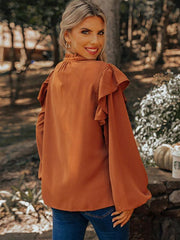 V-neck pullover lantern sleeves loose and fashionable ruffled button top - 808Lush