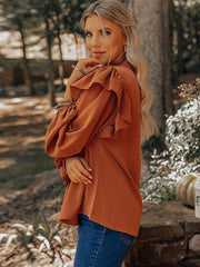 V-neck pullover lantern sleeves loose and fashionable ruffled button top - 808Lush