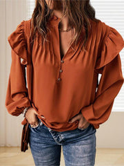 V-neck pullover lantern sleeves loose and fashionable ruffled button top - 808Lush