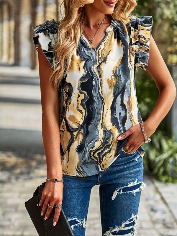 V-neck ruffled floral temperament top - 808Lush