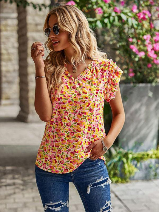 V-neck ruffled floral temperament top - 808Lush