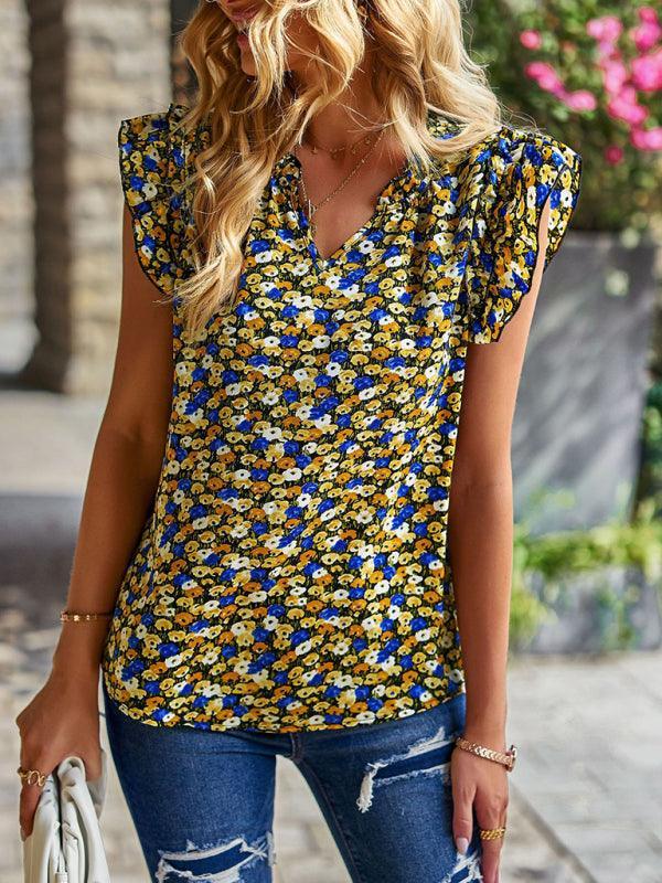 V-neck ruffled floral temperament top - 808Lush