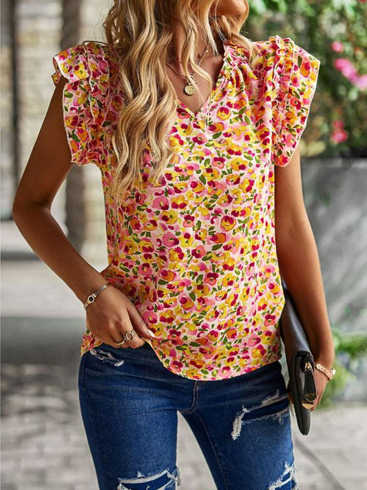 V-neck ruffled floral temperament top - 808Lush