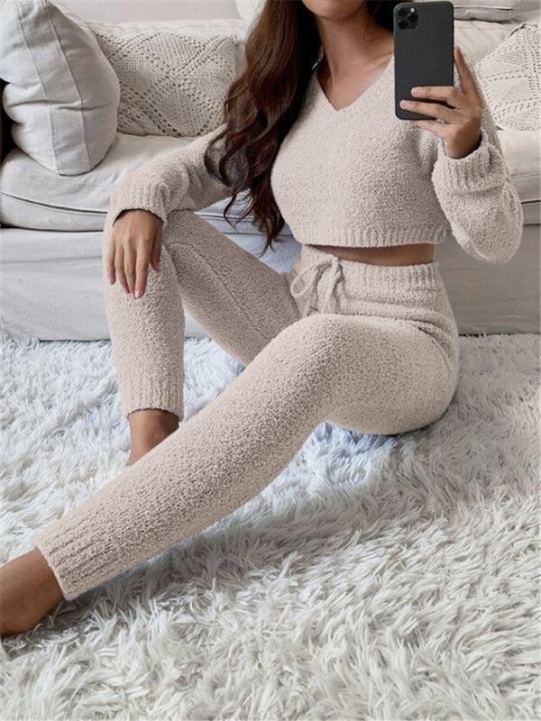 V-neck short knitted sweater women's drawstring lace-up trousers fashion suit - 808Lush