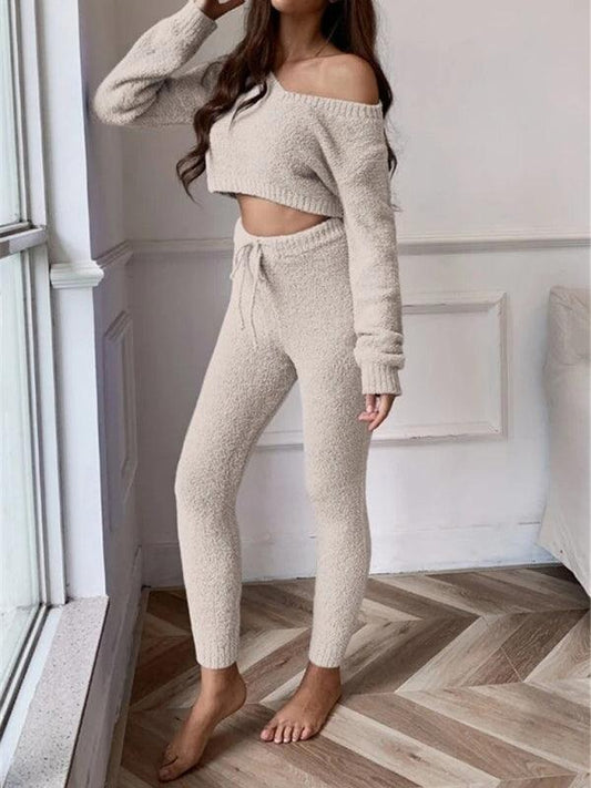 V-neck short knitted sweater women's drawstring lace-up trousers fashion suit - 808Lush