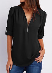 V-neck zipper large size women's long-sleeved pull-sleeve loose commuter chiffon shirt - 808Lush