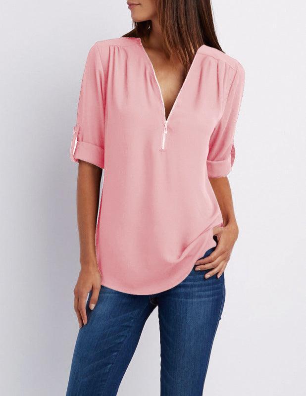 V-neck zipper large size women's long-sleeved pull-sleeve loose commuter chiffon shirt - 808Lush