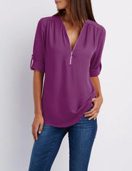 V-neck zipper large size women's long-sleeved pull-sleeve loose commuter chiffon shirt - 808Lush