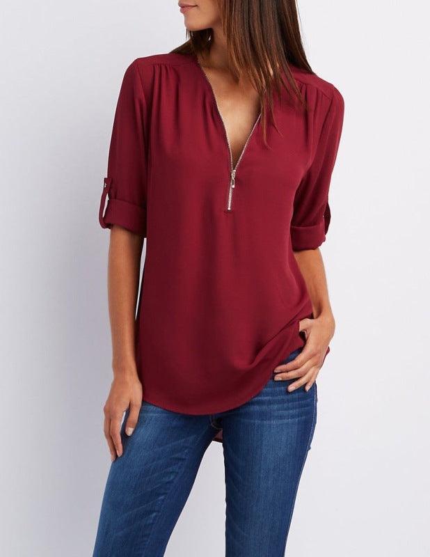 V-neck zipper large size women's long-sleeved pull-sleeve loose commuter chiffon shirt - 808Lush