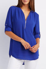 V-neck zipper large size women's long-sleeved pull-sleeve loose commuter chiffon shirt - 808Lush