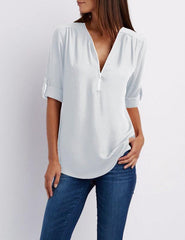 V-neck zipper large size women's long-sleeved pull-sleeve loose commuter chiffon shirt - 808Lush