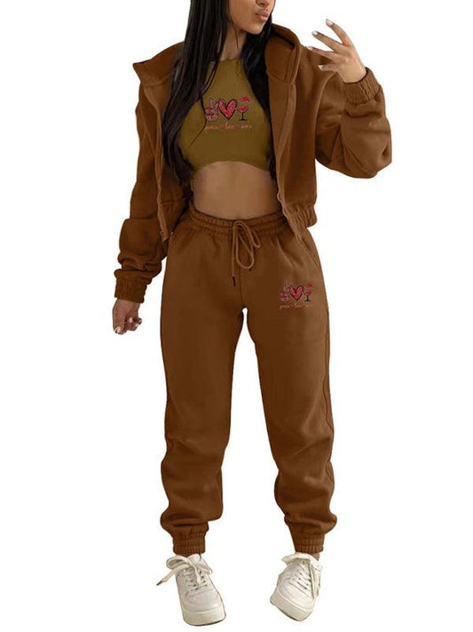 Valentine's Day Christmas love wine glass printed hooded sports and leisure suit (three-piece set) - 808Lush