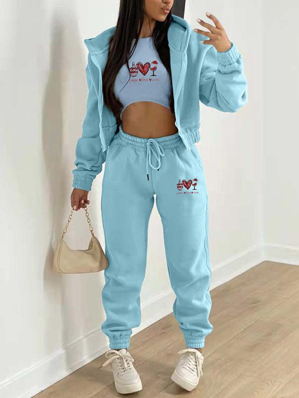 Valentine's Day Christmas love wine glass printed hooded sports and leisure suit (three-piece set) - 808Lush