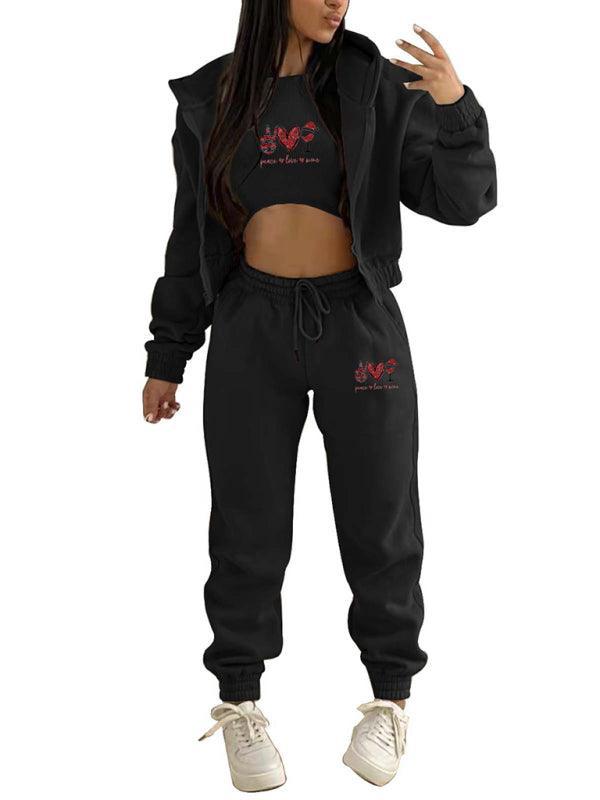 Valentine's Day Christmas love wine glass printed hooded sports and leisure suit (three-piece set) - 808Lush