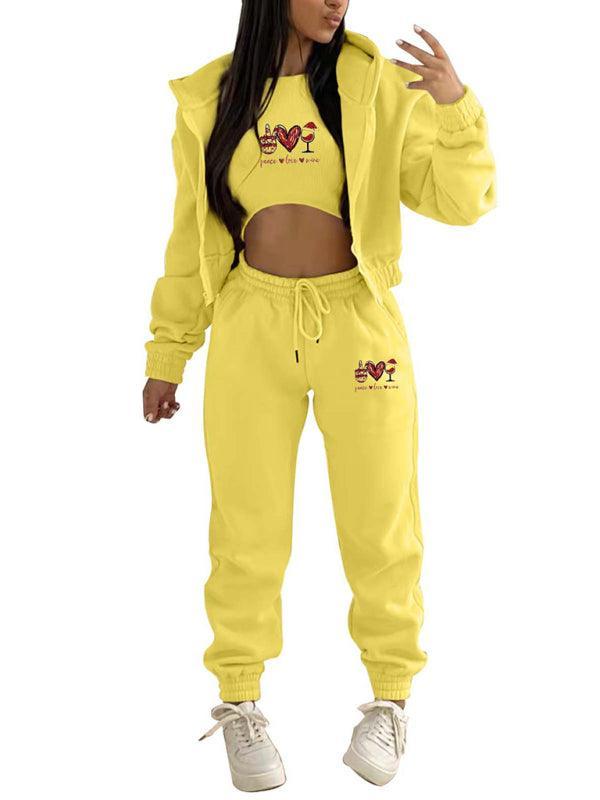 Valentine's Day Christmas love wine glass printed hooded sports and leisure suit (three-piece set) - 808Lush