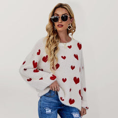 Valentine's Day Knitted Heart Round Neck Knit Pullover Long Sleeve Sweater Women - 808Lush