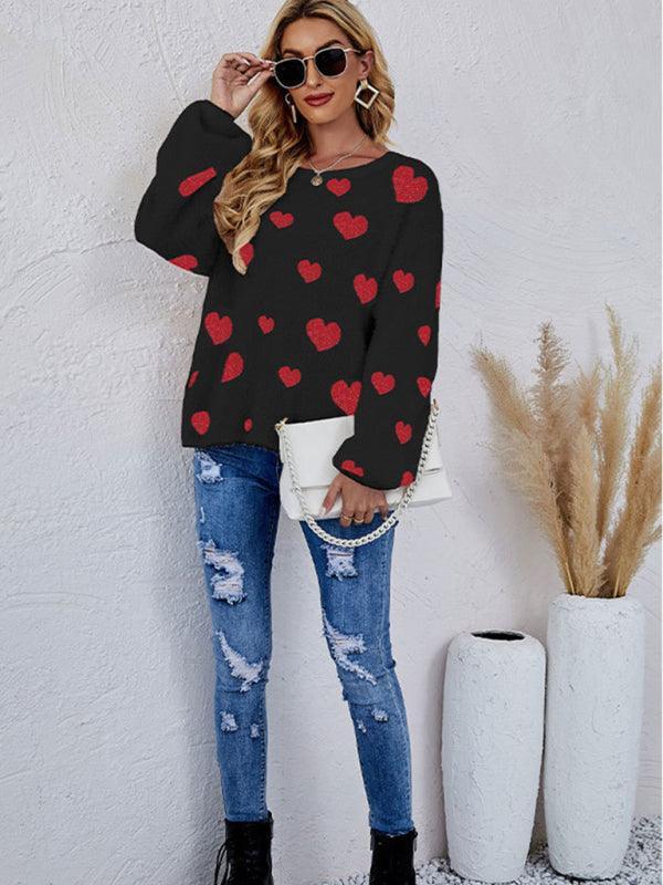 Valentine's Day Knitted Heart Round Neck Knit Pullover Long Sleeve Sweater Women - 808Lush