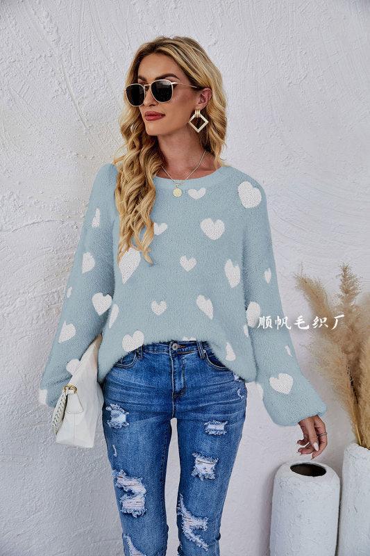 Valentine's Day Knitted Heart Round Neck Knit Pullover Long Sleeve Sweater Women - 808Lush