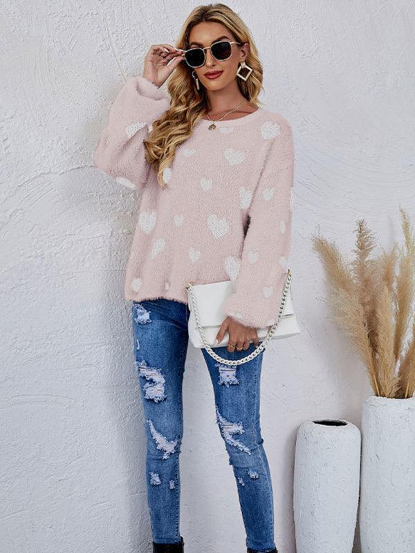 Valentine's Day Knitted Heart Round Neck Knit Pullover Long Sleeve Sweater Women - 808Lush