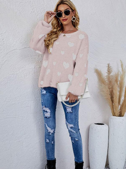 Valentine's Day Knitted Heart Round Neck Knit Pullover Long Sleeve Sweater Women - 808Lush