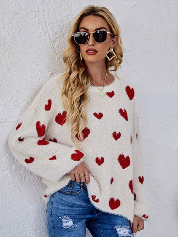 Valentine's Day Knitted Heart Round Neck Knit Pullover Long Sleeve Sweater Women - 808Lush