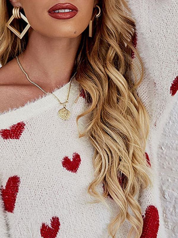 Valentine's Day Knitted Heart Round Neck Knit Pullover Long Sleeve Sweater Women - 808Lush