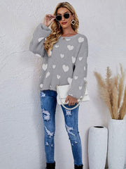 Valentine's Day Knitted Heart Round Neck Knit Pullover Long Sleeve Sweater Women - 808Lush