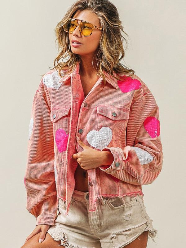 Valentine's Day Love Sequin Jacket Raw Edge Corduroy Women's Jacket - 808Lush