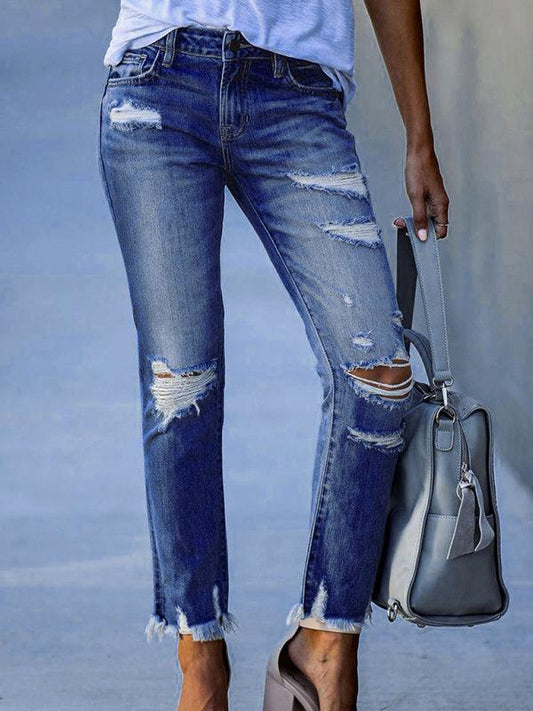 Washed Frayed Tassel Jeans Slim High Elastic Small Feet Trousers - 808Lush